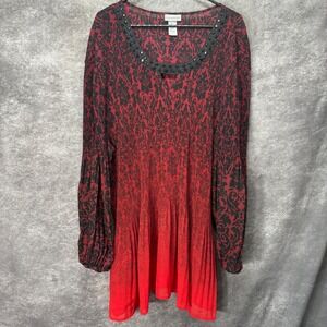 Catherine­s Tunic Top Plus Size Women's 5X Red Black Ombre Damask Pleated Beaded